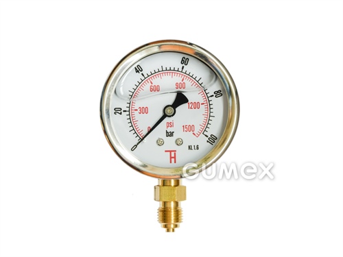Glyzerin-Manometer mit Bodenauslass, 63mm, Außengewinde G 1/4", 0-100bar, -40°C/+60°C, 